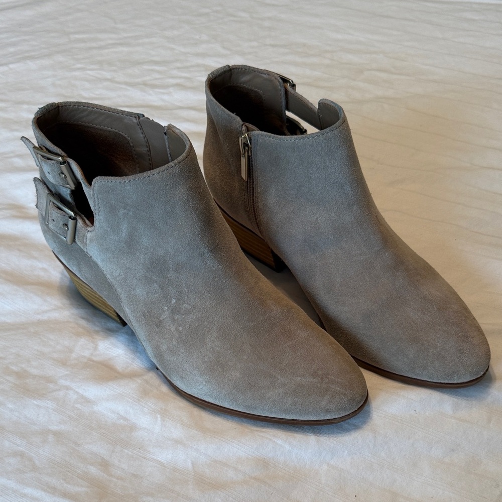 Clarks Taupe Ankle Booties with Dual Buckles